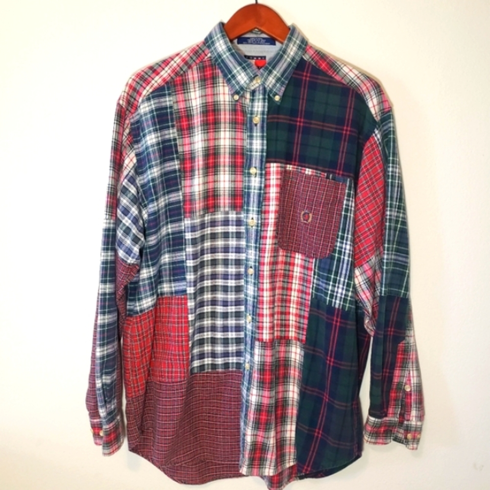Vintage 90s Tommy Hilfiger Crest Patchwork Cut Sew Plaid Flannel Button Up Shirt